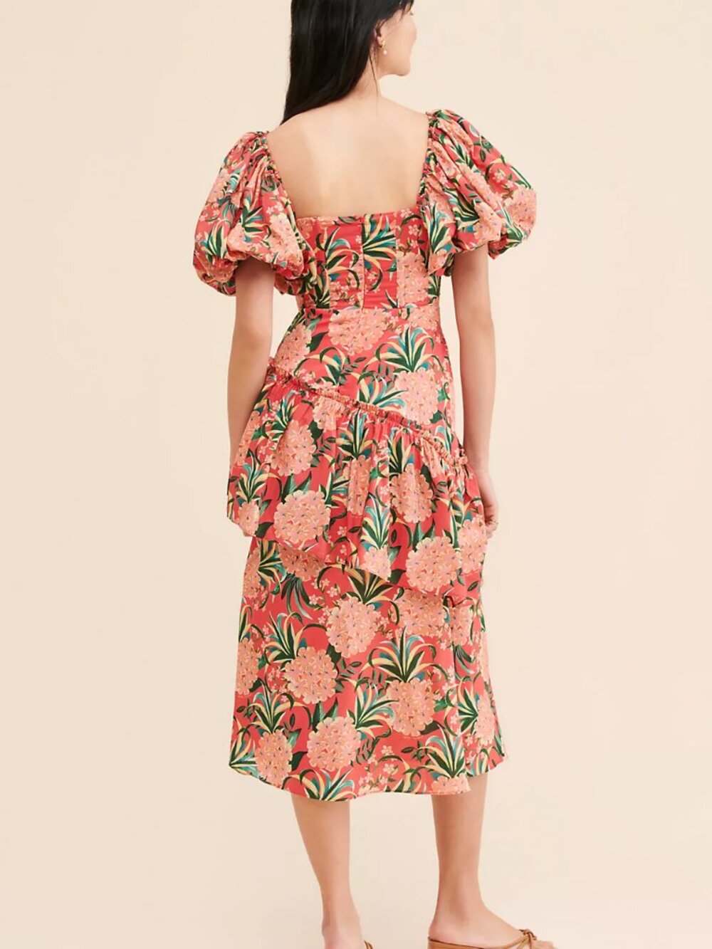 NWT Farm Rio Pineapple Bloom Red Cut Out Midi Dress Puff Sleeve Sz XS $275 - Picture 2 of 7